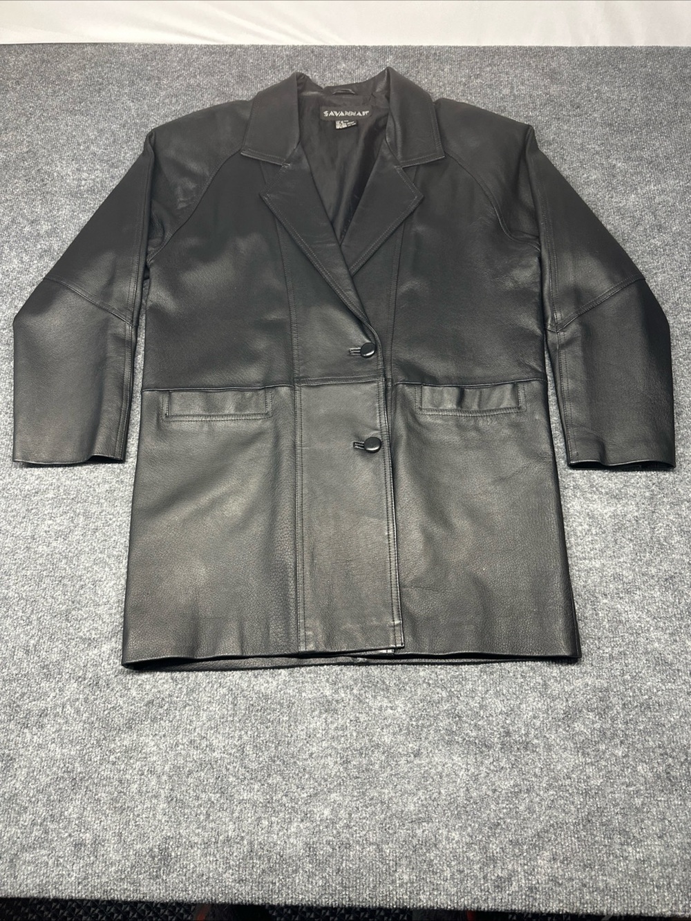 Savannah Black Leather Blazer Coat with Notch Lapel
